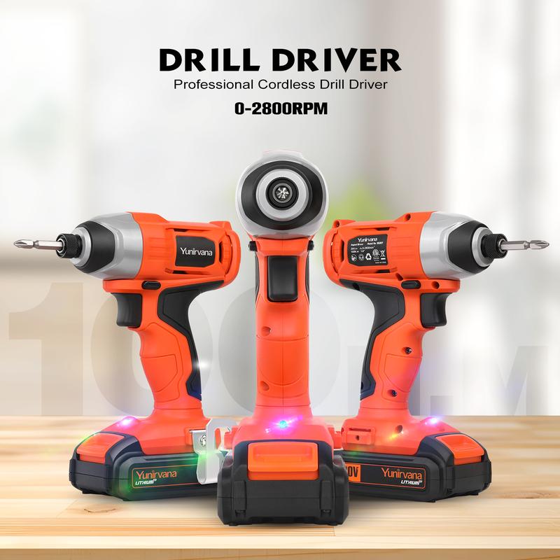 Product Introduction of Rechargeable Impact Driver 20V, Yunirvana Variable Speed (0-2800RPM) Cordless Impact Driver with 6Pcs Screwdriver bits,1.3Ah Battery and Charger，Suitable for Tightening Screws 12