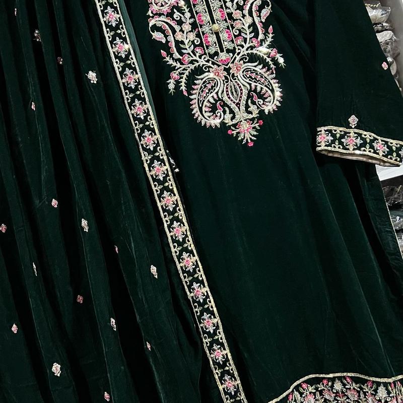 Pakistani Luxury 9000 micro Velvet 3pc Embroidered Dreee with Velvet Shawl and trouser. Formal... 8