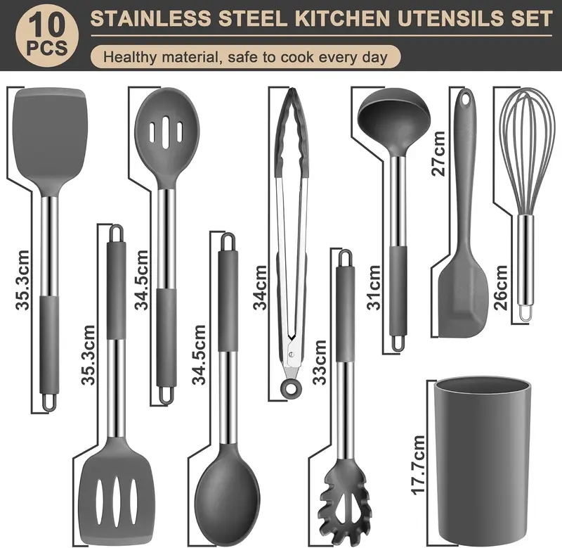 Kitchen Utensils Set, 10 Pcs Silicone Cooking Utensils Set with Stainless Steel Handle, Heat Resistant Cooking Tools Spatula Turner Spoon with Holder, Dishwasher Safe & Non Scratch, Grey 1