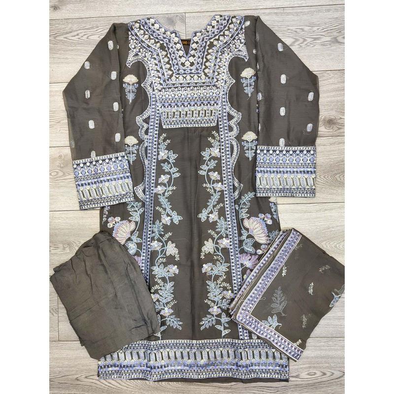 FL ultimate grey colour luxury embroidered chiffon fabric shalwar kameez with embroidered chiffon dupatta in sizes (M to 8XL) womenswear traditional clothing festive and party wear plus size 1