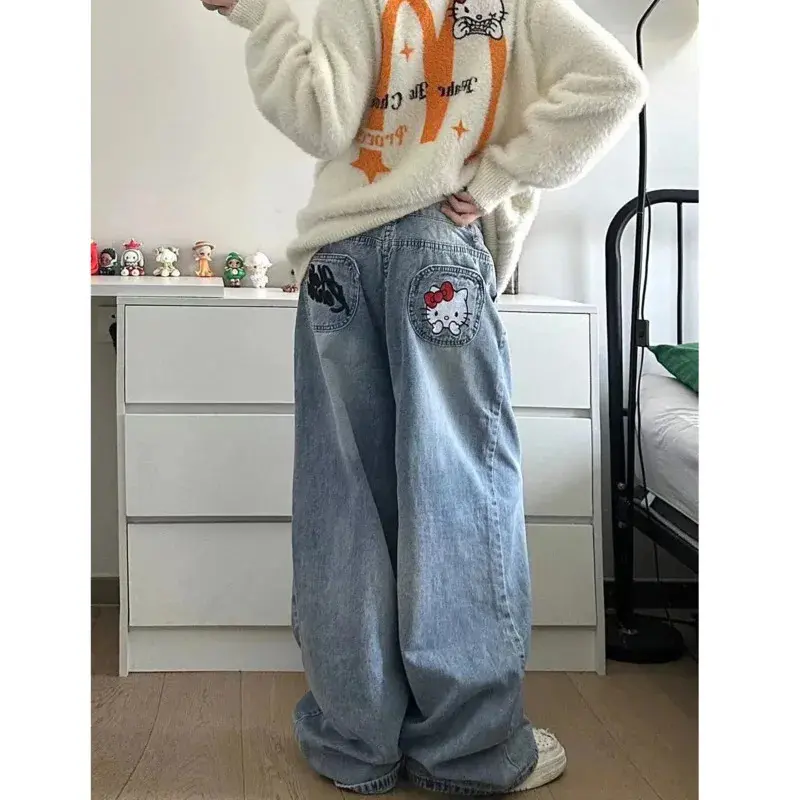 Hello Kitty Sanrio Y2k Denim Pants Retro Letter Embroidery Jeans High Waist Loose Wide Leg Trousers High Street Pants For Women 2