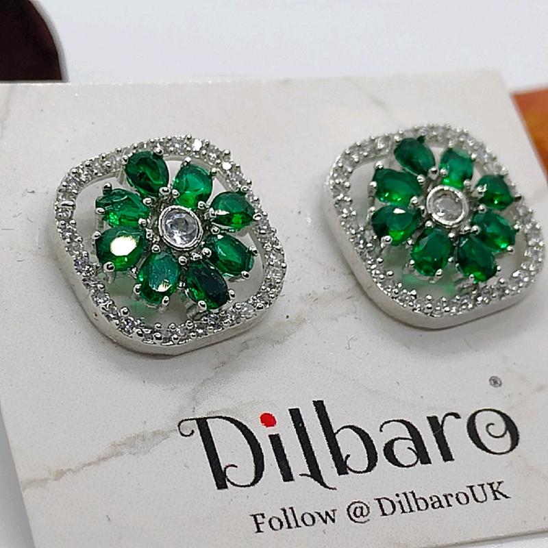 Dilbaro Silver Plated Zircon Stud Earrings AD Earrings AD Studs Premium Jewellery Green and Blue stone Ethnic Jewellery 3