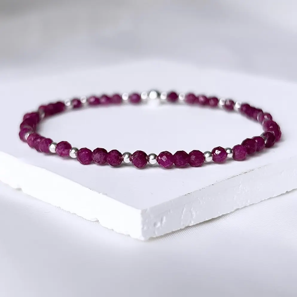 Dainty Pink Ruby Gemstone Bracelet. 925 Sterling Silver. July Birthstone
