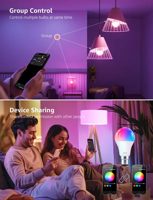 Lepro B1 AI Smart Bulb B22, Music Sync, Bayonet WiFi Bulb That Works with Alexa & Google Home, AI Lighting Design Assistant, APP & Voice Control, 806lm, Dimmable, Bluetooth Color Changing Light Bulb [Energy Class F] 2