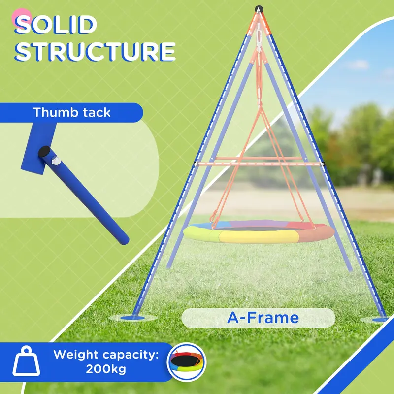 Outsunny Metal Kids Swing Set Nest Swing Seat with A-Frame Structure for Outdoor Use - Multicoloured 3