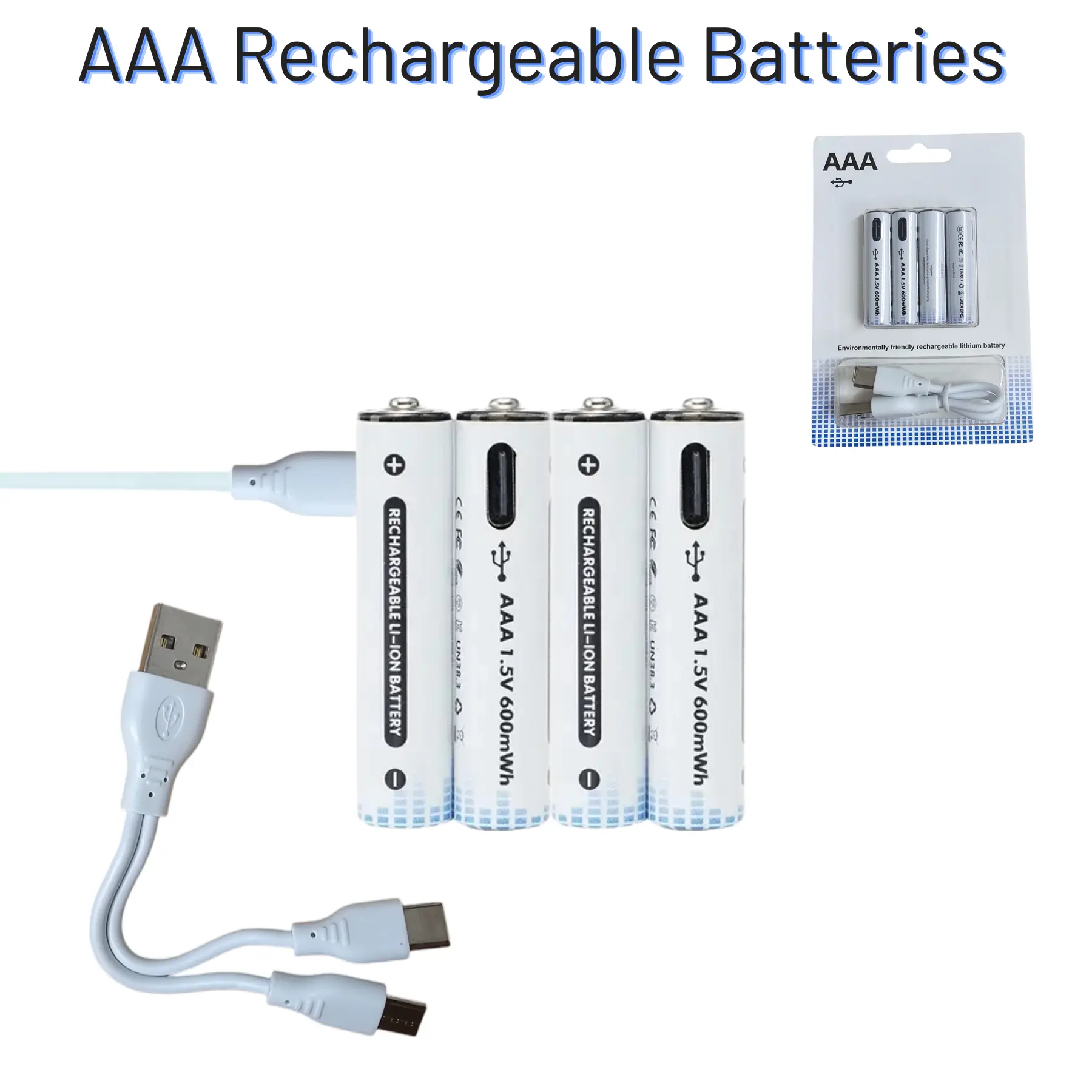 AAA Batteries Pack of 4 Piles AAA USB-C Rechargeable Batteries 1.5V 600mWh AAA Lithium-ion Cells, Easy USB Charging, Ideal for Toys & Remotes Accessories Digital Portable Devices Electronic Magnetic