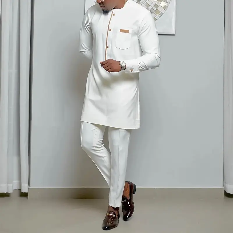 Traditional African Men's Casual Suit Pants and shirt Set M -4XL. Round Neck Slim and plus size Long- Sleeve Muslim Robes for Male Ethnic Style African Dashiki Shirt Two pcs suit Round Neck Youth Robe Long Pants Muslim Men Thobe Long Sleeve Trouser Jubba 1