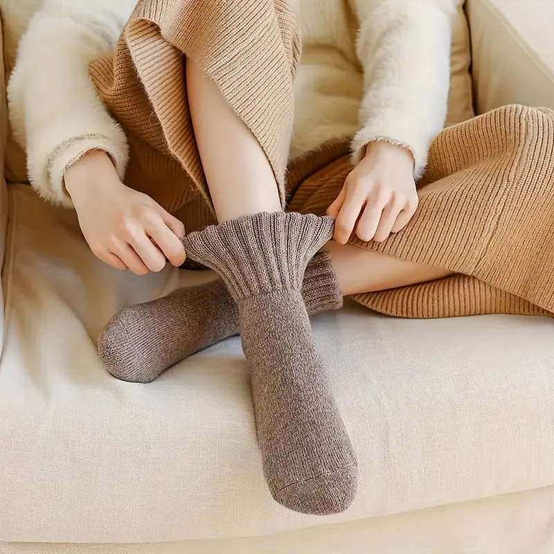 A&H     Women's Soft and Cozy Thick Terry Snow Socks (5 Pairs) - Mid-Calf Length, in Beige and Brown Solid Colors, Polyester Blend, Perfect for Cold Weather, Adorable and Warm 6