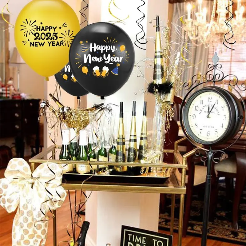 Happy New Year 2025 Party Decorations - Banner, Glasses, Latex Balloons, and Foil Swirl Streamers 4