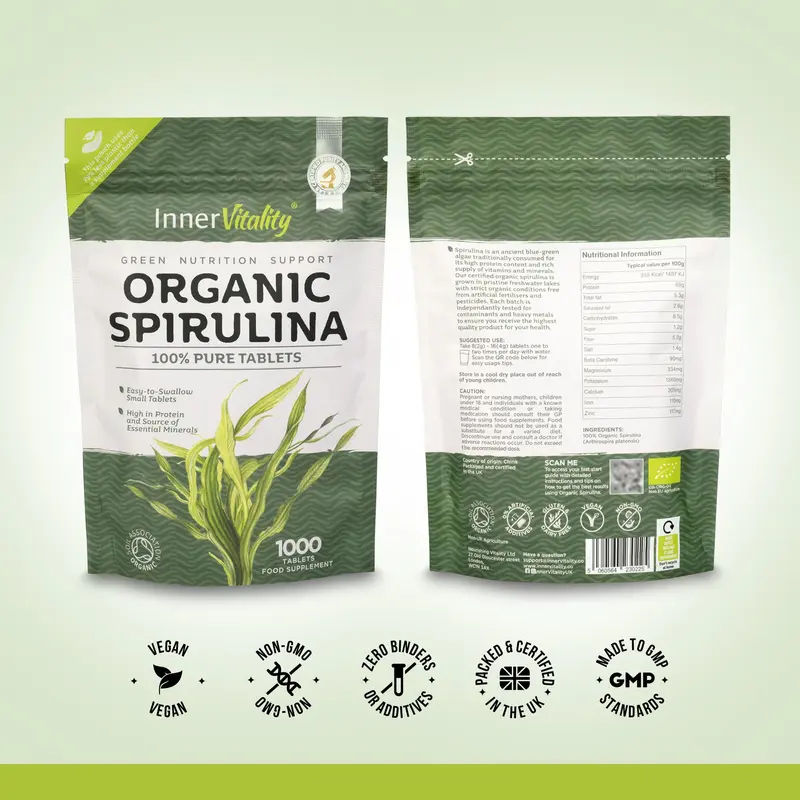 Organic Spirulina Tablets 1000 Easy to Swallow Tablets - 100% Pure Certified Organic Tablets Rich in Essential Vitamins & Minerals by Inner Vitality 4