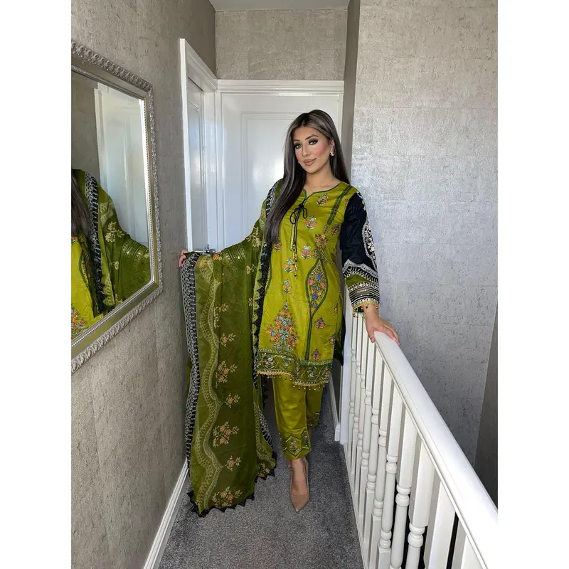 3 pcs Olive Stitched lawn suit Ready to Wear with chiffon dupatta MB-154 1