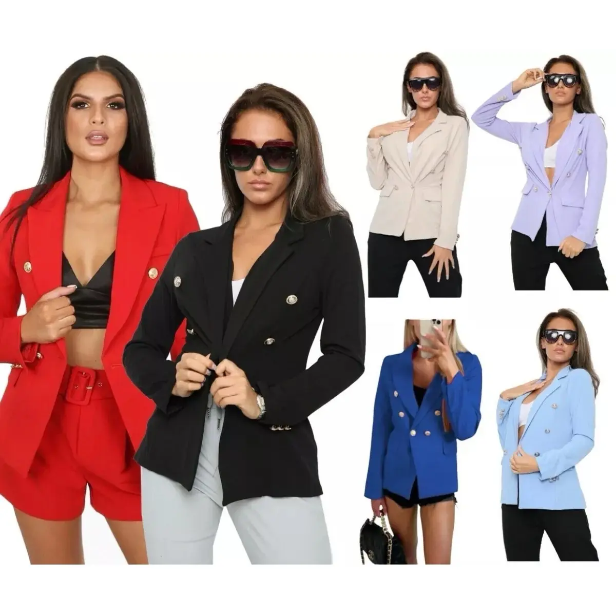 New Ladies Gold button stretch military style double breasted blazer jacket Womenswear Casual Comfort Fabric Fashion Chic Coats faux fur Denim Elegant Evening Outfit