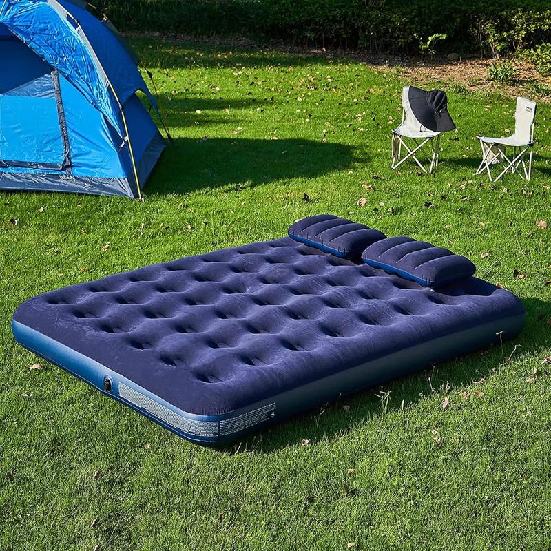 Double Size Flocked Air Bed with 2 Pillows - Ideal for Camping or as a Temporary Guest Airbed - Waterproof Flocked Air Bed 2