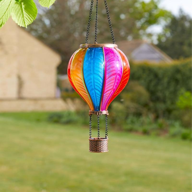 Rainbow OR Fiesta Flaming Balloon Smart Solar Hanging Lantern LED Flickering Flame 3