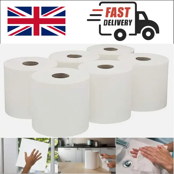 6x Centre Feed Rolls 2Ply White Embossed Kitchen Hand Paper Towel Office Work - Pack of 6 - Toilet, Wipes Cleaning