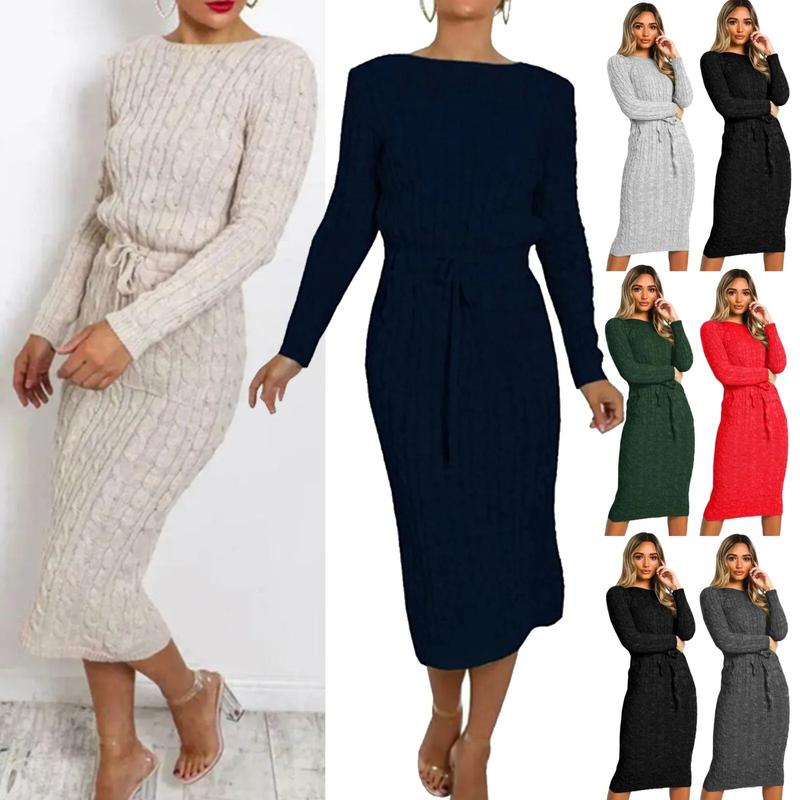 Ladies Women long Midi Cable Knitted Pocket Tie up Party Jumper Dress Casual Comfort Crewneck Soft Womenswear Chic Comfortable Cute Piece Sleeve Style Summer 0
