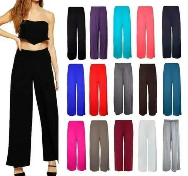 Womens Plain Palazzo Trousers Baggy Wide Leg Flared Pants 8-26
