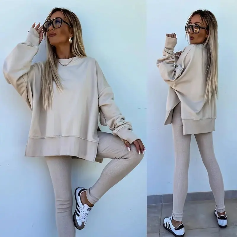 【2024】Autumn new women's leisure suit solid color round neck loose pullover hoodie yoga ribbed skinny pants Female fall two-piece set