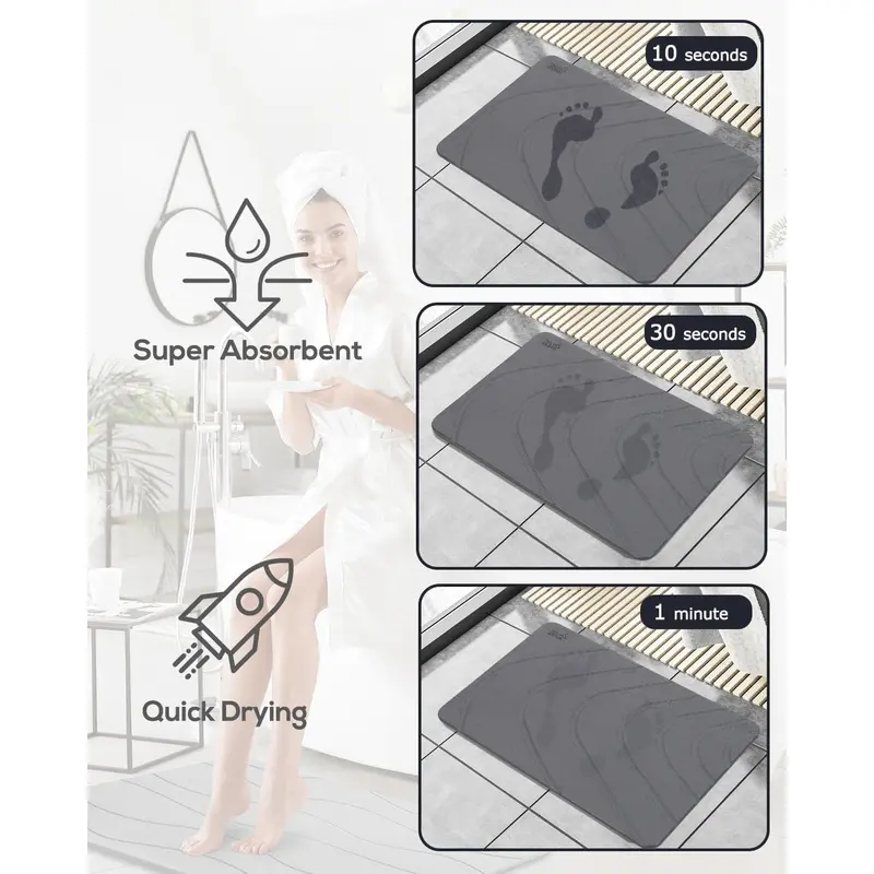 Stone Bath Mat Diatomaceous Earth Bathroom Shower Wudu Floor Mat Non-Slip Super Absorbent Quick Dry Floor Kitchen Anti Mould Antibacterial Natural Easy to Clean 60x39cm 4