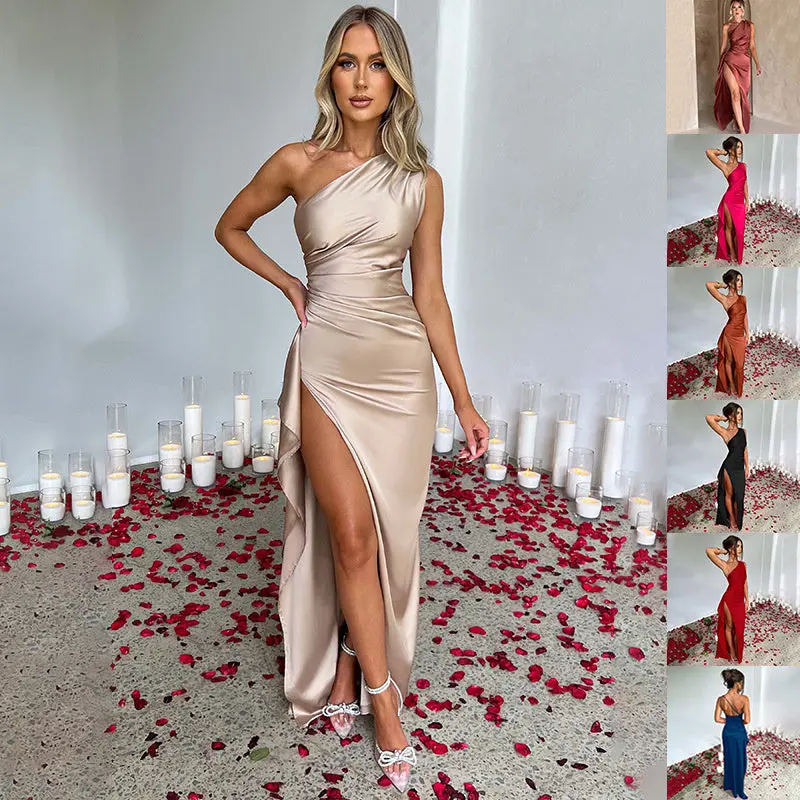 Sexy One-shoulder Backless Slit Dress Summer Elegant Slim-fit Solid Color Satin Dresses For Women Formal Womenswear