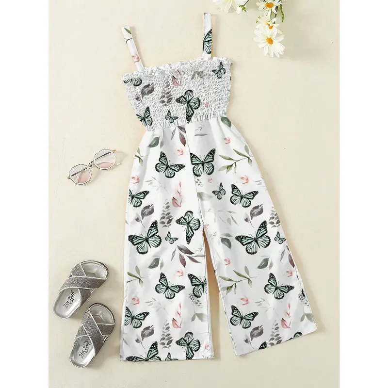 Young Girl Summer New Butterfly Printed Shirred Detail Strap Jumpsuit 0