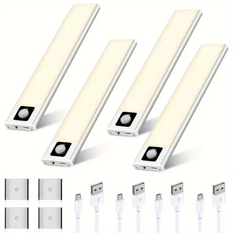 AIBOO 4 Pack Set 20CM 8 Inch LED Motion Sensor Lights, Wireless USB Light Rechargeable 72LED Under Cupboard Kitchen Lights With Magnetic For Wardrobe Stair Cupboard Lights 1
