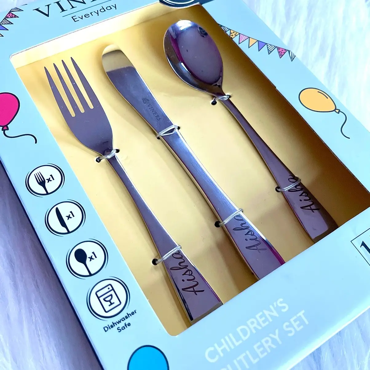 Viners Stainless Steel Cutlery Set - Personalised Children's Tableware, unique customisable Eid gifts for children, girls and boys