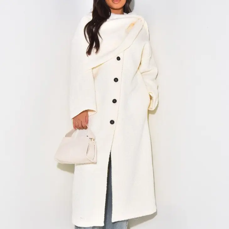 Women's Solid Button Front Drop Shoulder Long Coat with Scarf, Casual Long Sleeve Outerwear for Fall & Winter, Ladies Clothes for Daily Wear One Size Womenswear Chic Comfortable Jackets Lady Fashion Longsleeves Tops 3