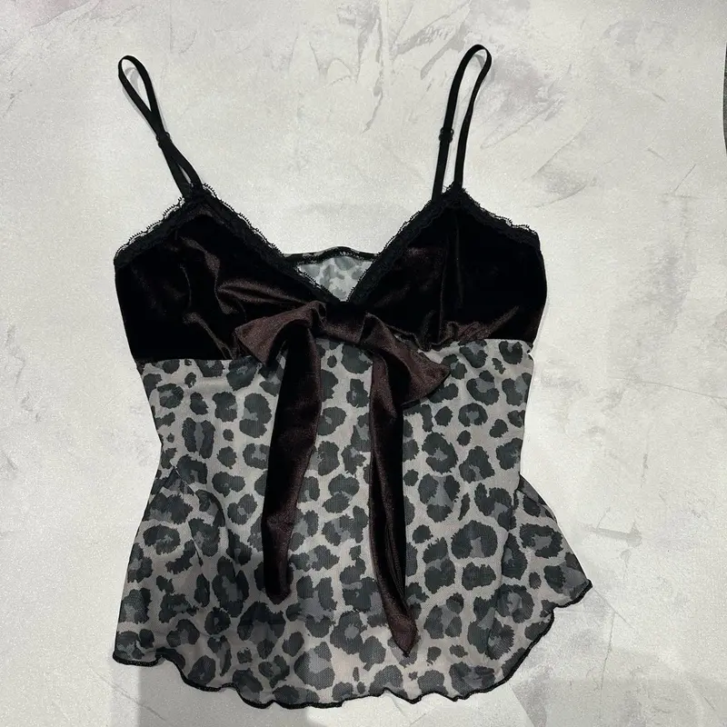 Leopard Print Mesh Cami Top with Brown Velour Bow Detail Y2K 90s Night Out Lightweight Style Statement 1