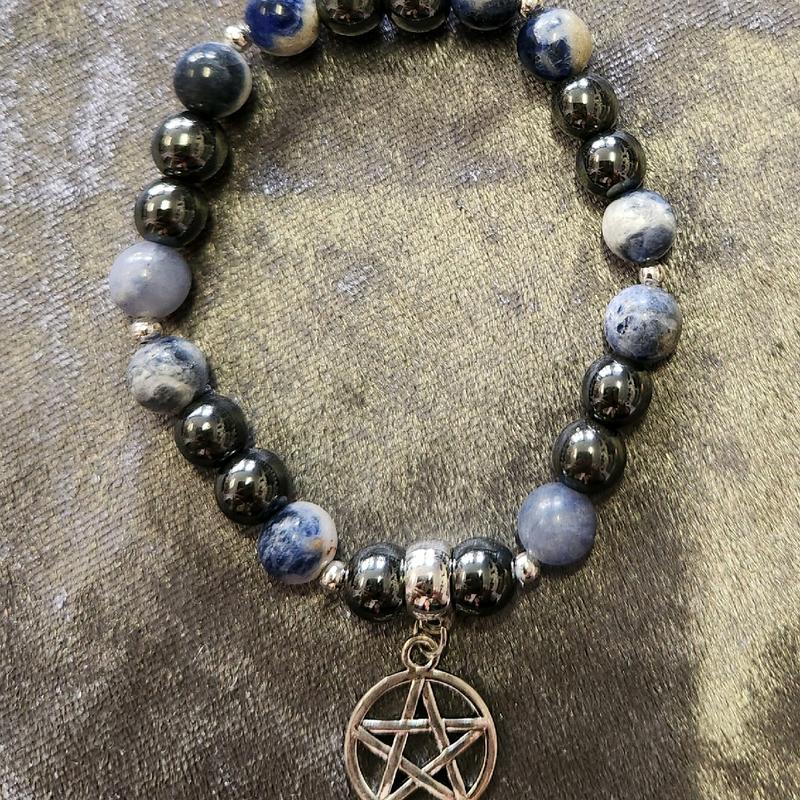 Crystal healing elasticated bracelet with Pentagram charm - Hematite and Orange Aventurine, Hematite and Obsidian, Hematite and Sodalite, Hematite and Carnelian 4