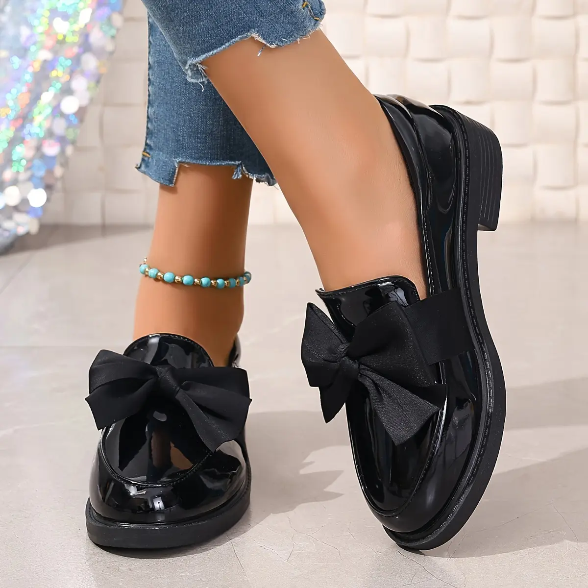Women's Black Bowknot Loafers - Retro British Style, Waterproof Faux Cover, Versatile Flat Shoes for All Seasons, Allseason Footwear|Decorative Bowknot Accent|Faux Cover Shoes, Ladies Shoes