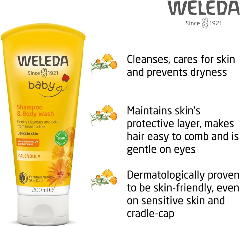 Weleda Baby Shampoo & Body Wash w. Calendula, Sensitive Kids Shampoo & Baby Bath Wash, Baby Face Wash & baby Shower Cream in One, by Weleda Baby Skincare - 200ml 4