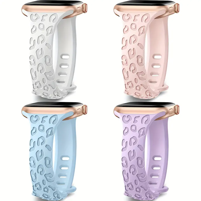 4-Pack Leopard Engraved Stainless Steel Bands Compatible with Apple Watch 38mm 40mm 41mm 42mm 44mm 45mm for Women, Sport IWatch Series Wearable 5