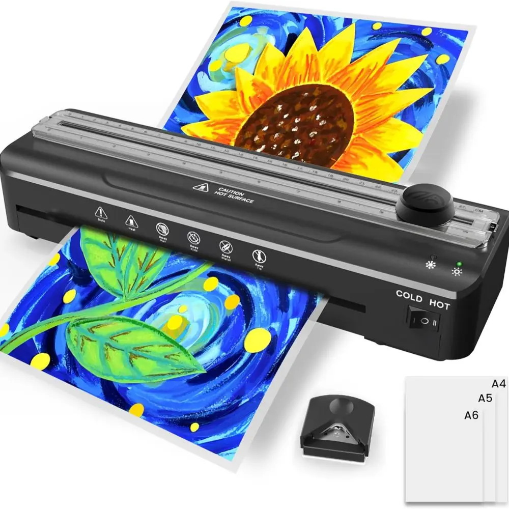 Laminator Machine A4 - Thermal Laminating Machine 4-in-1 Hot and Cold Laminator with Laminating Pouches Paper Trimmer and Corner Rounder No Bubbles Black