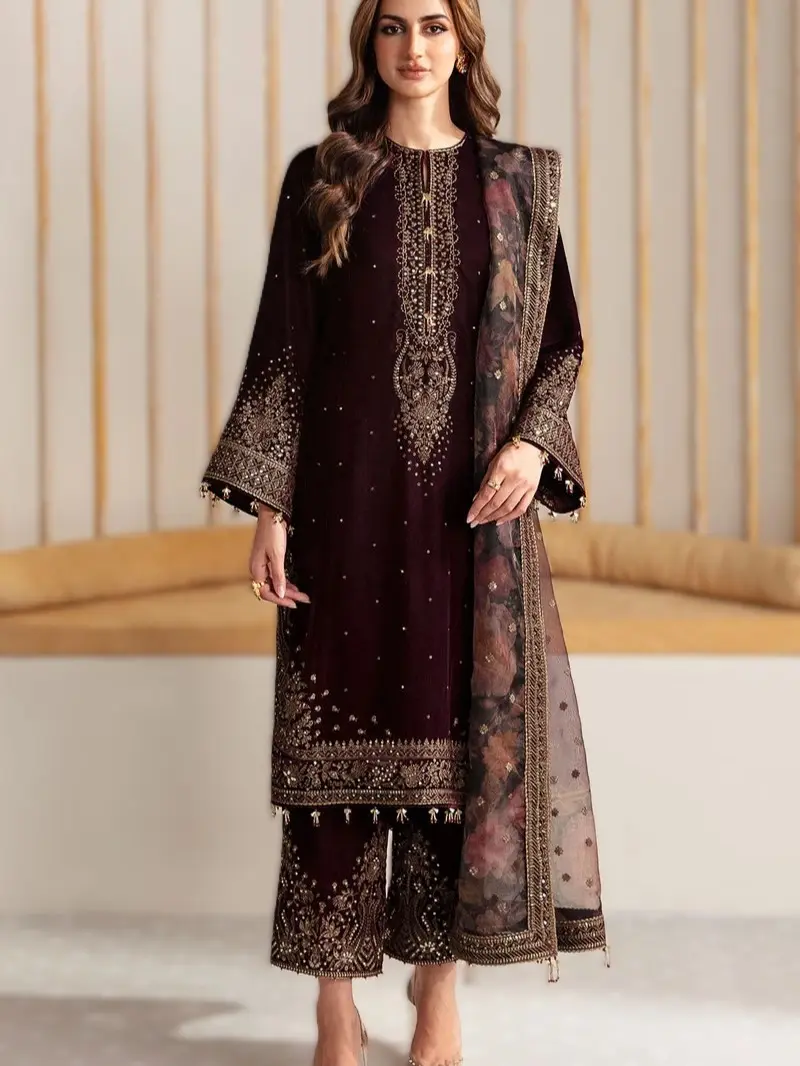 Jazmin Designer chiffon dress fabric embroidery stitched Pakistani outfits inspired Womenswear  elegant classy dresses Comfort Comfort Comfort Dupatta Printed Organza Embroidered