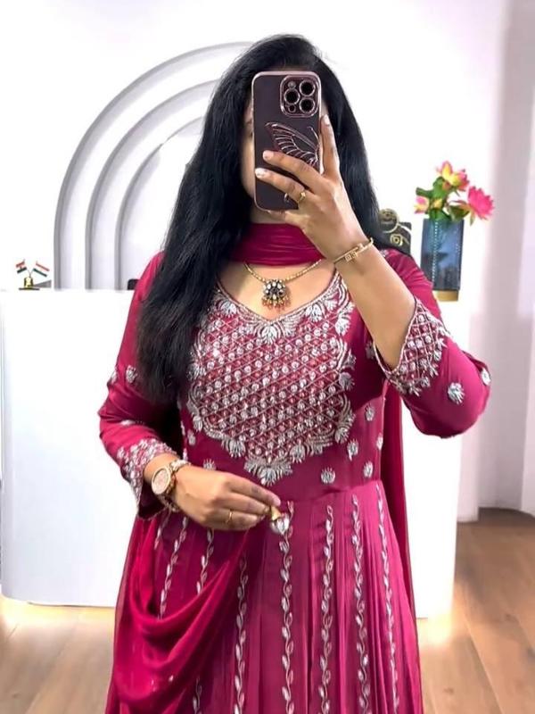 Luxury Embroidered Chinon Gown with Dupatta Comfort Outfit Traditional Women Womenswear Dress Dupatta Elegance Embroidery Elegant Soft Flared Flowy Formal Matching Party Piece Round Neck Sequins Sleeves Sleeves Statement 2