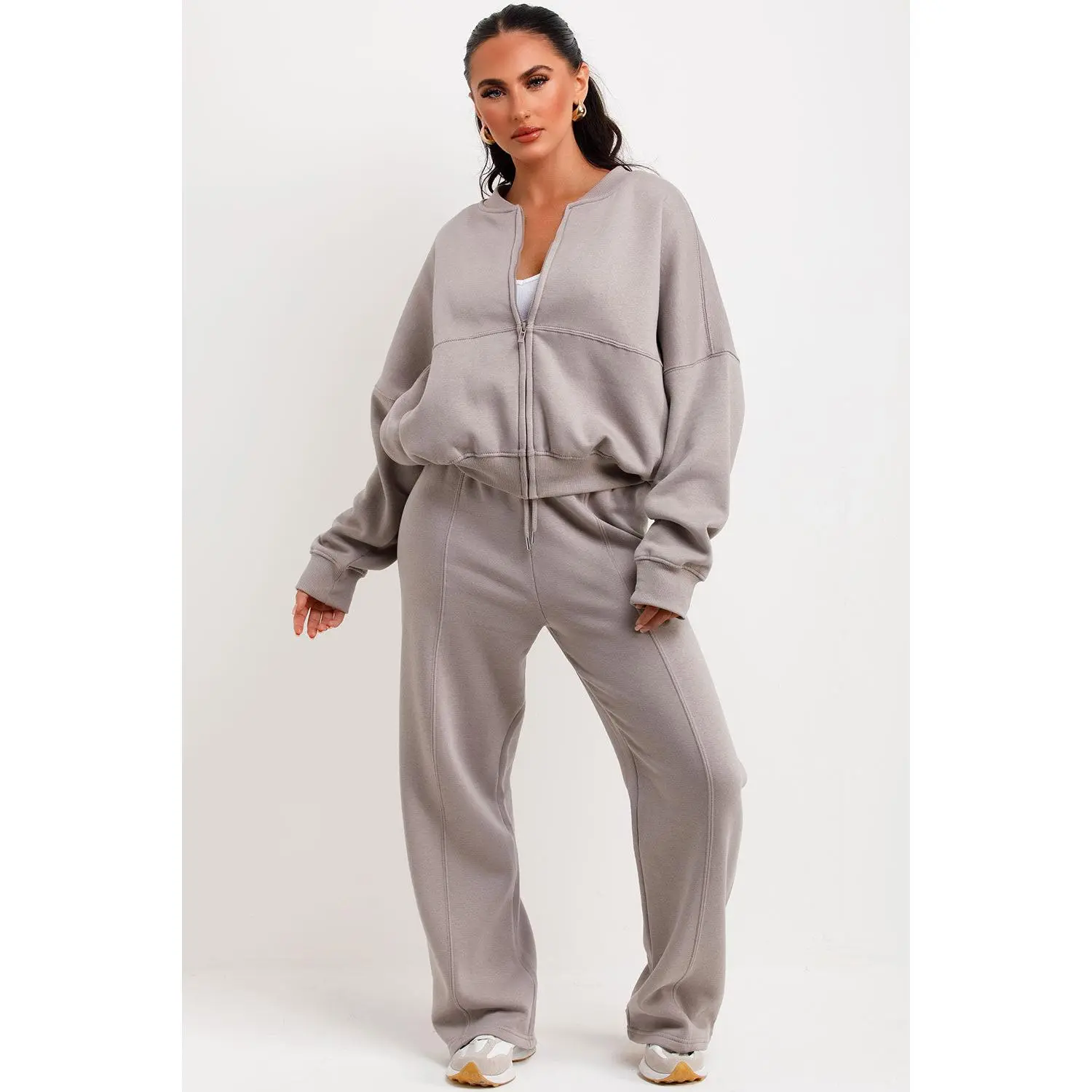 Bomber Sweatshirt With Zip And Joggers Loungewear Set Dove Grey