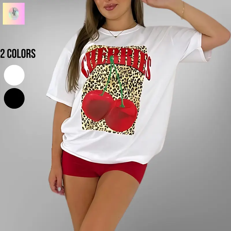 Women's CHERRIES Leopard Print Baggy T-Shirt Top for Women - Ladies Short Sleeve cherry tshirt 2