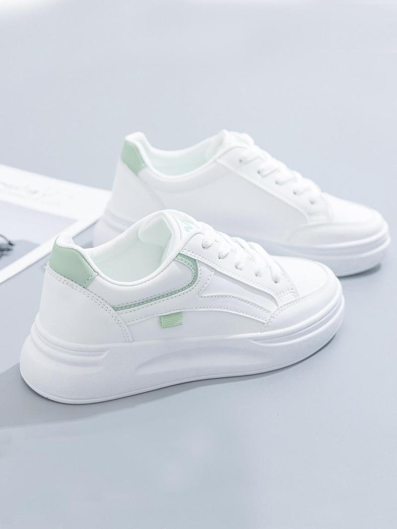 Product Introduction of Women's Fashion Plain Lace Up Front Low Top Skate Shoes, Casual Lightweight Breathable Comfortable Patched Design Sports Shoes, White Sneakers for Daily Wear Running Runner Training Trainer Walking Shoes Closed Athletic Footwear 8