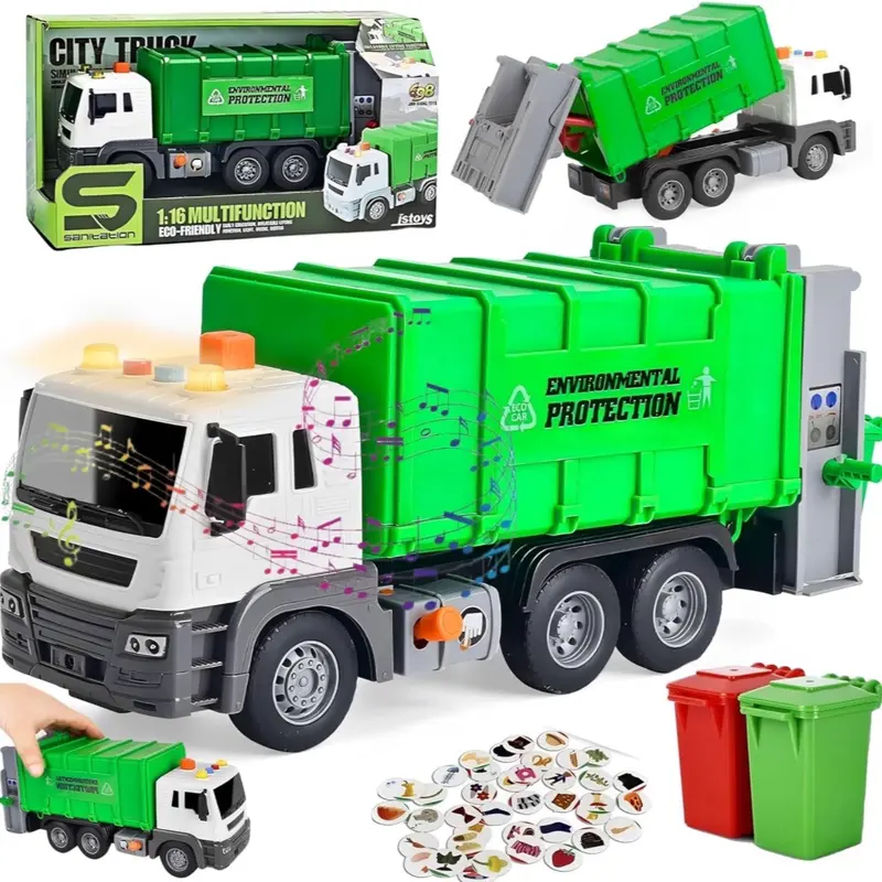 Friction Powered Waste Management Recycling Garbage Truck Toy with Trash Cans, Light & Sound - Educational Birthday Gift for Kids and Toddlers 0