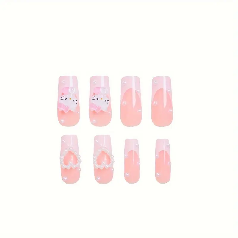 24pcs Medium and Long Square Nail Stickers Sanrio Cute Style White French Three-dimensional Cute HelloKitty 3