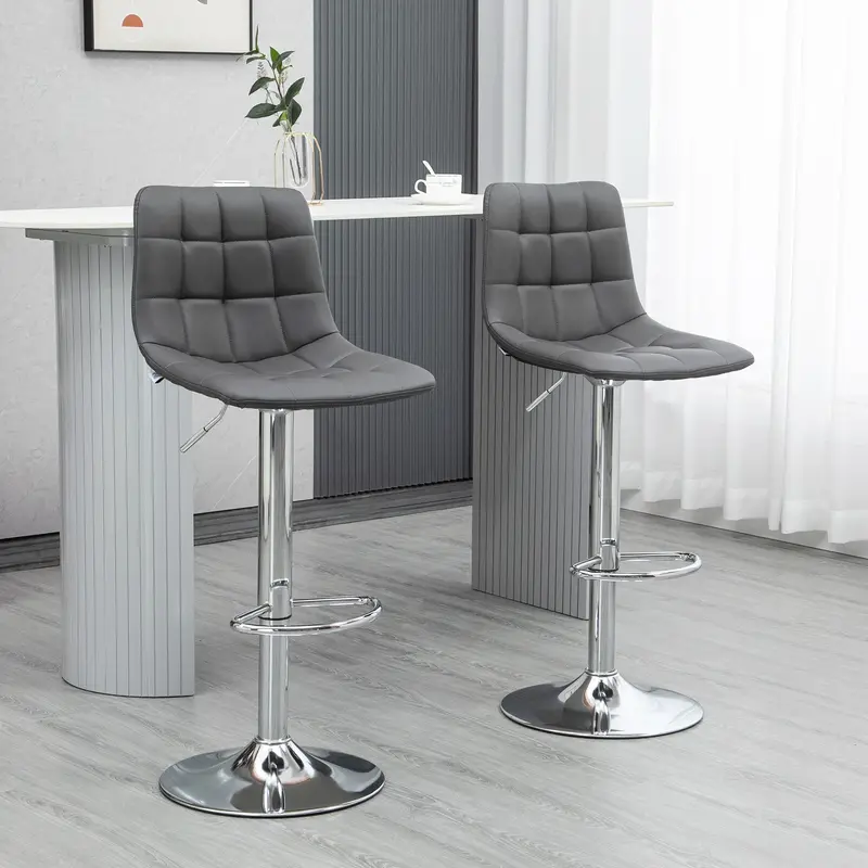 HOMCOM Adjustable Bar Stools Set of 2, Swivel PU Leather Upholstered Barstools with Tufted Seat and Back, Breakfast Bar Chairs for Kitchen Counter, Grey 1