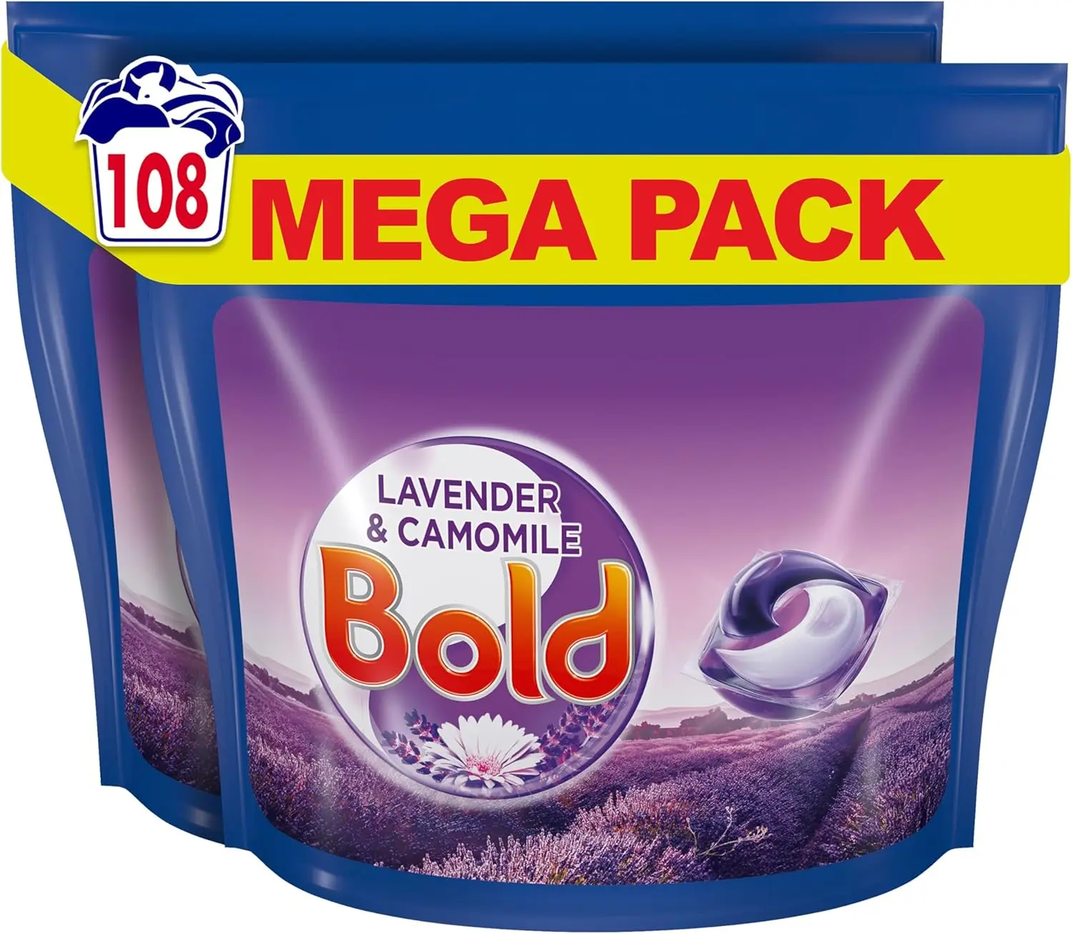 Bold All-in-1 Pods Washing Liquid Capsules Lavender & Camomile 108 Washes (54x2), Washing Detergent for Brilliant Cleaning with Built-in Fabric Softener Household Pack Scented Perfume