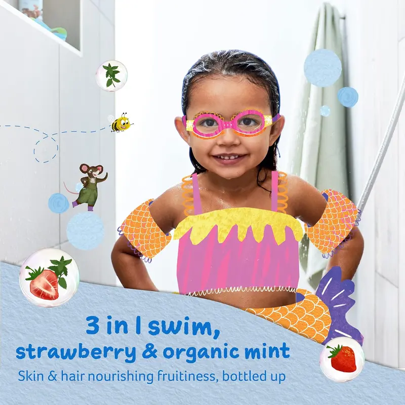 Kids 3 in 1 Swim, Strawberry and Organic Mint 250 ml, Body Wash, Shampoo and Conditioner, Suitable for Dry, Sensitive and Eczema-Prone Skin 1