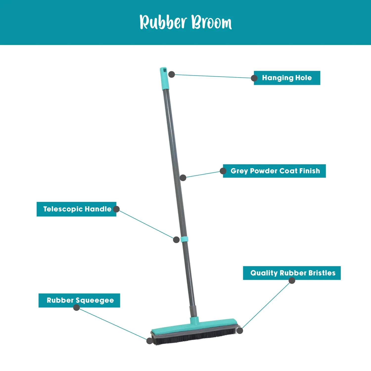 JVL Rubber Broom and Squeegee - Heavy Duty Cleaning Tool Pet Wood Wooden Extendable Glass Hand