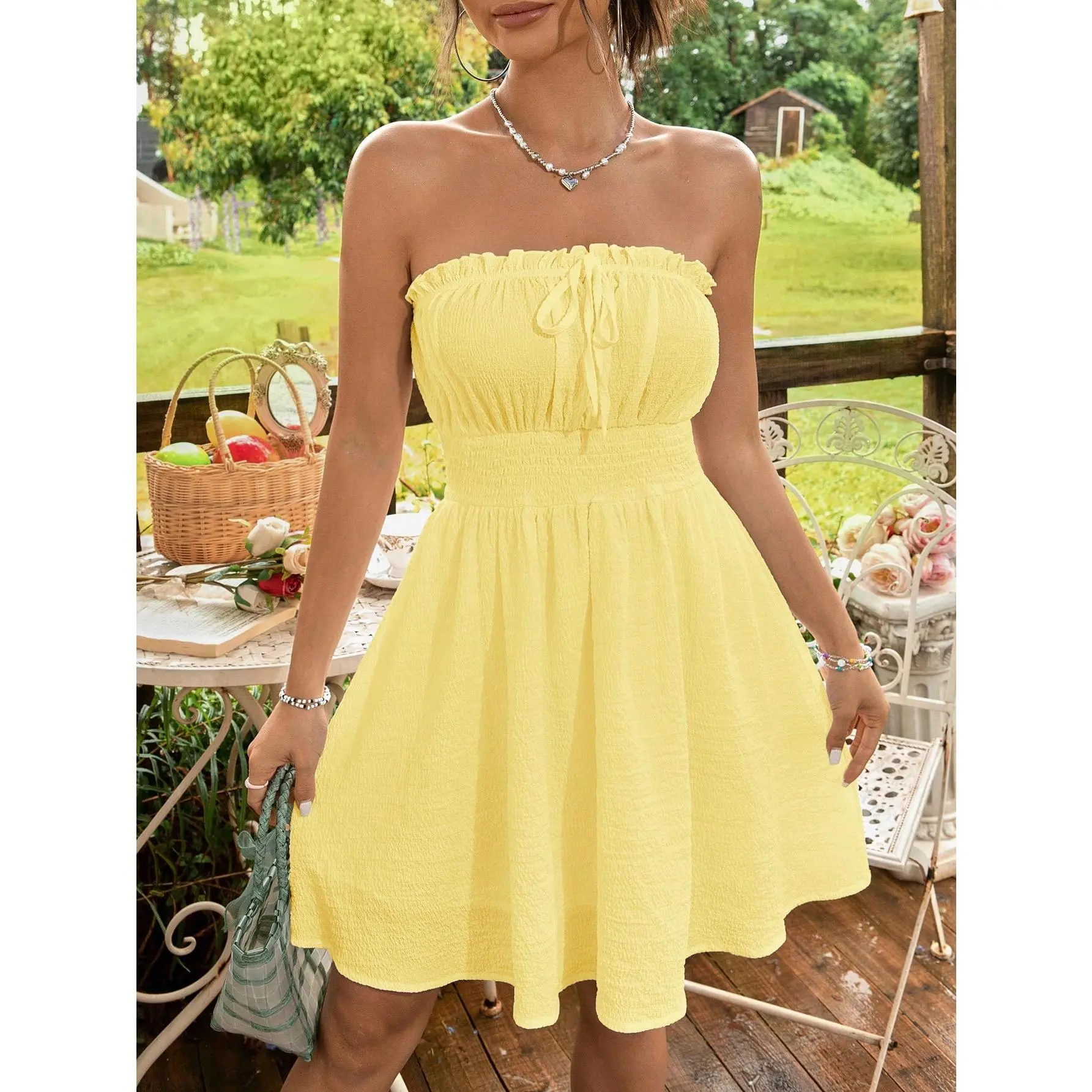 Dreamara Women's Solid Color Ruffle Trim Strapless Mini Dress With Front Tie, For Vacation