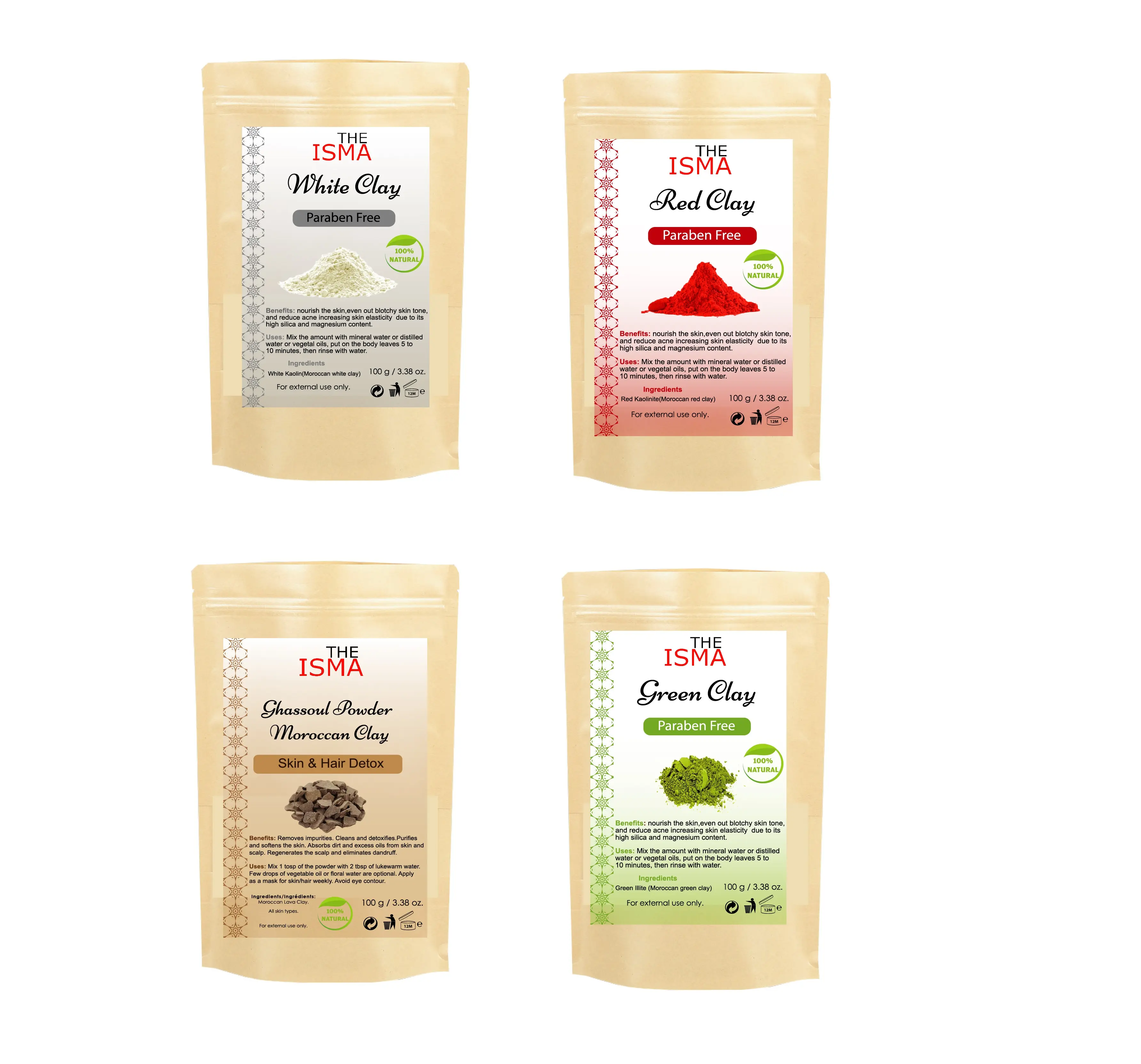 Moroccan Clays Ghassoul Powder, Green Clay, Red Clay and White Clay of Sizes 100g for Cleansing Facial and Hair mask Alcohol Free and suitable for Sensitive Skin