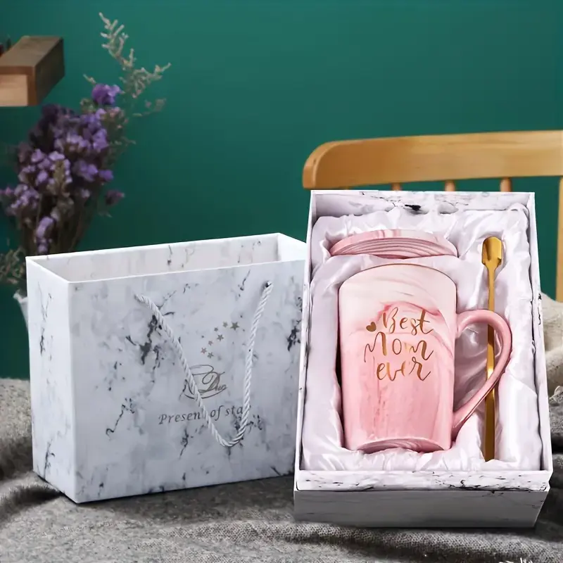 Mum Birthday Mothers Day Gifts for Mum from Daughter Son - World's Best Mum - Mummy Mug, Funny Presents for Mum from Kid on Her Birthday, 14Oz Pink Marble Ceramic Coffee Cup with Gold, Elegantly Boxed Drinkware Lid Sturdy Tumbler Stylish Reusable Washable