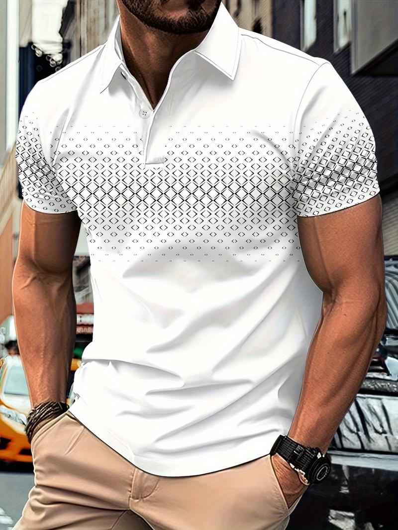 Product Introduction of Men'S Casual Short Sleeve Lapel Collar Shirt with Diamond Print, 100% Polyester Knit Fabric, Slight Stretch, Regular Fit, Spring/Fall Lapel Collar with Button Detail 0