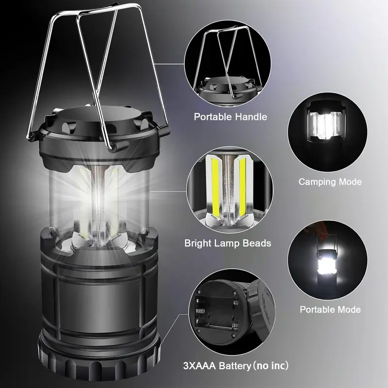 LED Camping Lantern, Battery Operated Collapsible Portable LED Lanterns, Emergency Lights with Foldable Hook for Hiking, Camping, Outages, Black(Pack of 4) 1